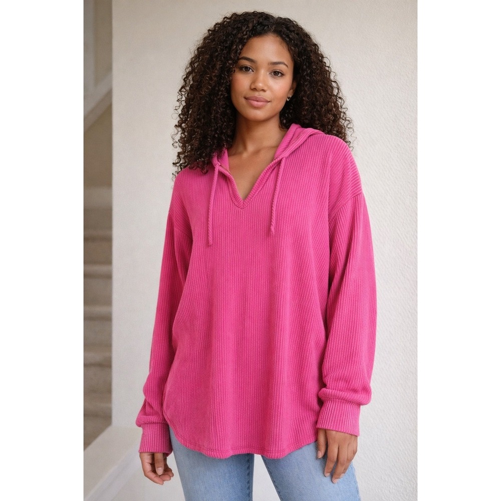 HEIMISH USA Pink Ribbed Knit V Neck Hoodie Tunic Top Plus Size 1XL, Barbicore